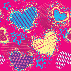 Wall Mural - Abstract seamless pattern for girls. Creative vector background with hearts, dots, lines, stars in pink, yellow and white colors. Funny wallpaper for textile and fabric. Fashion style.