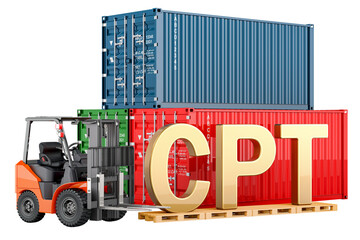 Poster - CPT concept. Forklift truck with cargo containers, 3D rendering isolated on transparent background