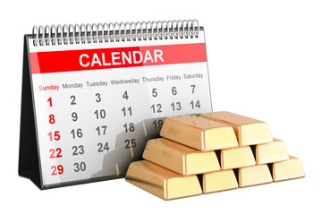 Wall Mural - Desk calendar with gold bars, 3D rendering isolated on transparent background