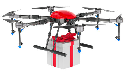 Poster - Drone with gift, 3D rendering isolated on transparent background