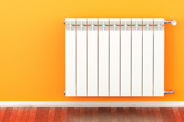 Poster - heating radiator with radiator thermostatic valve in interior, 3d rendering