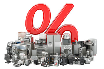 Poster - Kitchen and household appliances with discount percent. Sale and discount concept, 3D rendering isolated on transparent background