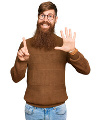 Canvas Print - Young irish redhead man wearing casual clothes and glasses showing and pointing up with fingers number six while smiling confident and happy.