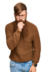 Sticker - Young irish redhead man wearing casual clothes and glasses feeling unwell and coughing as symptom for cold or bronchitis. health care concept.