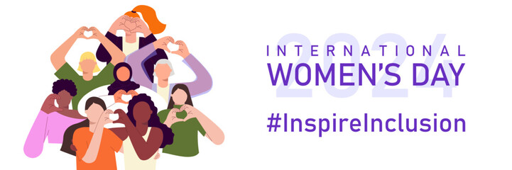 Wall Mural - Inspire inclusion banner template for International Women's day. IWD 2024 campaign with diverse women making heart gesture and hashtag on white background. Flat vector illustration