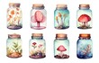cute watercolor glass jar with flower and plant part and mushroom collected inside, isolated on white background collection set,  Generative Ai