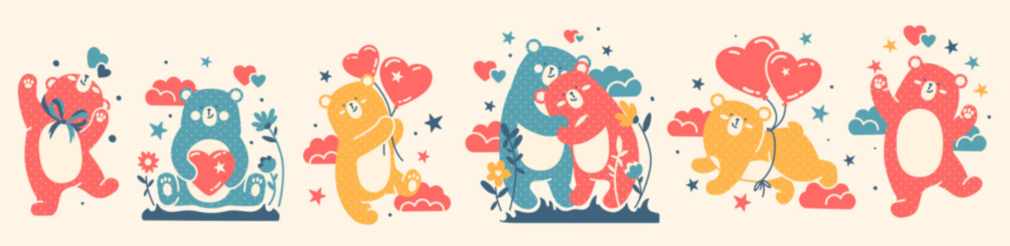 large doodle vector collection of funny, cute bears and hearts. love, happiness concept for valentin