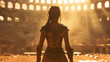 Back view of ancient woman warrior or gladiator in the arena.