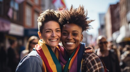 Diverse leasbian woman at pride parade walking with rainbow flags, celebrating LGBTQ rights