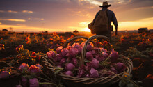 A Basket Of Tulips On Background Of Walking Away Man And Sunset Over Field