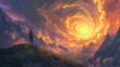 A person standing on a hill overlooking mountains and divine light from heaven. Surreal epic 3d landscape.