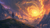 Fototapeta Do przedpokoju - A person standing on a hill overlooking mountains and divine light from heaven. Surreal epic 3d landscape.