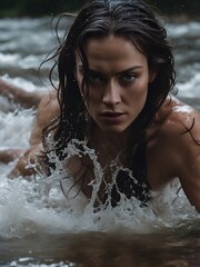 Wall Mural - Woman in water with seductive expression. Wet hair, water splashing, river stream. Fashion style.