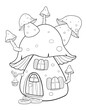 Mushroom house coloring book. Cartoon fantasy mushroom house. Little fairy house. Sketch in contours for coloring
