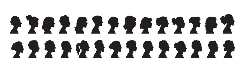 Silhouette heads.Set of profile face of different people. Man and woman heads in profile symbol.Set man and woman head icon silhouette.Anonymous faces portraits, black outline photo vector design 