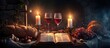 Symbolic Last Supper with wine, bread, suffering cross, candles, and Bible.