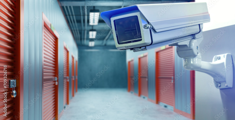 Video surveillance system in warehouse. Camera near storage units ...