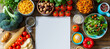 Meal plan concept. Food ingredients, salad serving utensils and clipboard
