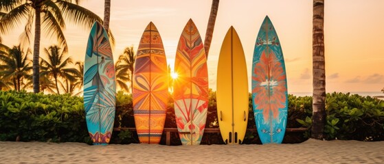 Wall Mural - Surfboards on the beach at sunset. Colorful surfboards background. Surfboards with abstract pattern. Surfboards on the beach. Vacation Concept. Panoramic banner with copy space.