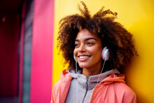 Young Woman Enjoying Music With Headphones Outdoors Generative AI Image