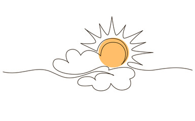 Clouds with sun continuous one line icon drawing on white background. Hot temperature and summer travel symbol vector illustration in doodle style. Summer sun contour line sign 