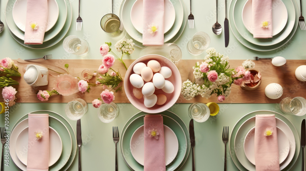 Pastel Easter table setup with eggs and spring flowers. Top view. Pink ...