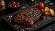 a medium wall steak entrecote, with extras on the side. Medium Rare Ribeye steak on wooden board, selected focus. Grilled medium rib eye steak with rosemary and pepper.
