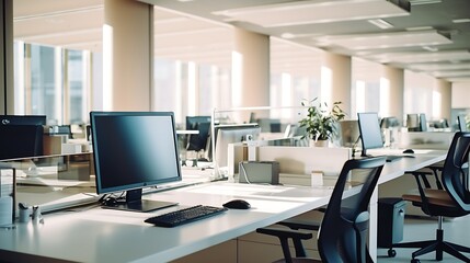 Leinwandbilder - Generative AI : Modern office space with tables and chairs, computers and office supplies with no employees