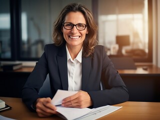 Fototapete - Generative AI : Businesswoman smile as she relaxes on the back of her chair in the office