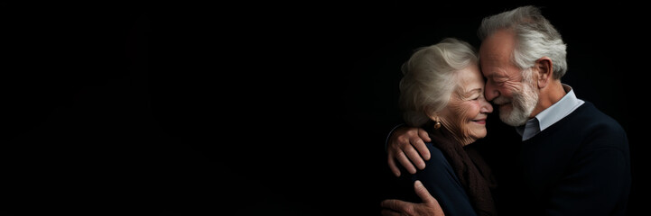 Wall Mural - Generative AI image of 60 year old couple embrace black background