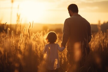 Wall Mural - parent and child at sunset in a wheat field