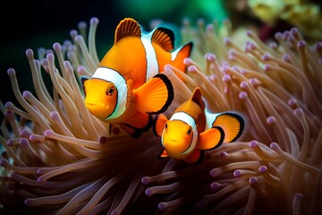 Poster - Generative AI : A pair of adorable orange clownfish or clown anemonefish