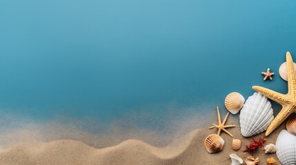 Poster - Generative AI : Golden sand and marine decorations. Seashell, starfish and sea stone.