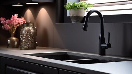 Aufkleber - Generative AI : Close up on stylish decorated kitchen countertop with black sink