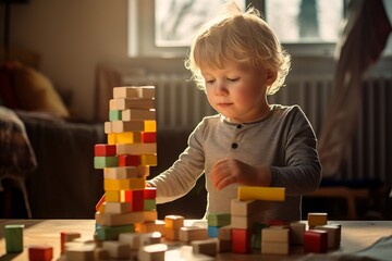Aufkleber - Generative AI : young kid playing with blocks at home.