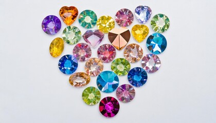 Sticker - set of colorful shiny gemstones diamonds crystal sapphires rubies in heart shape cutout on background