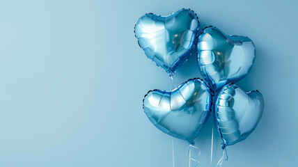 Wall Mural - Four shiny blue heart shaped balloons floating on a light blue background with copy space. Turquoise helium balloons in the shape of a heart on a sky blue background. Foil balloons - love concept. 