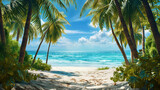 Fototapeta Kosmos - A line of palm trees framing white sand, against the background of a sparkling ocean, creates a pi