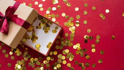 Canvas Print - opened gift box with golden confetti abstract luxury red background