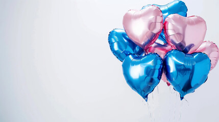 Wall Mural - Blue and pink helium balloons in the shape of a heart on a white background. Pastel airy hearts isolated on white horizontal banner. Balloons. Love concept. Metal balls with place for text. Decoration