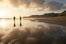 This Is An Image Of Two Individuals Running Along A Beach, With The Sun Low In The Sky Creating Reflections On The Wet Sand, With Hills In The Background