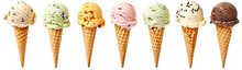 Many Assorted Ice Cream On Waffle Cone Flavors Isolated On White Or Transparent Background.
