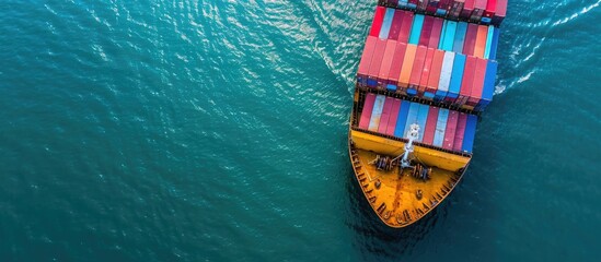 Container ship departing port, seen from above.