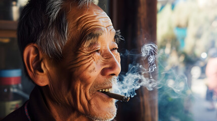 happy retired senior Asian man smoking medicinal cannabis blunt outside in nature