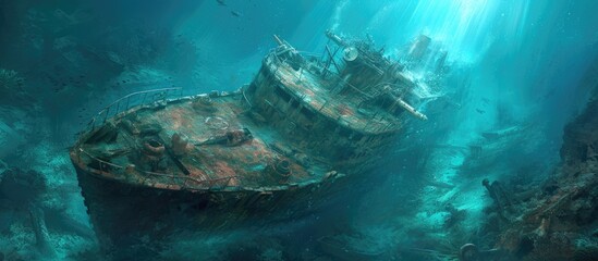 Underwater diving amidst shipwrecked scenery, where an ancient vessel lies submerged, awaits a quest for hidden riches.