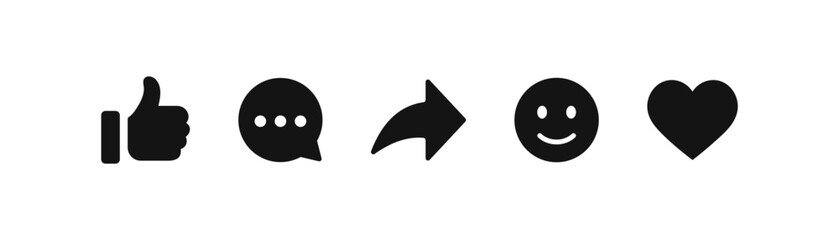 Poster - Like, comment, share icon button. social media notification icons set , heart love and thumb up icons , smiley emoji face - social network post reactions icon collection set. Vector illustration