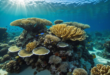 Wall Mural - Mesmerizing view of sunlit underwater coral reefs. The beauty of nature and the interconnectedness of ecosystems.