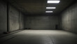 Dark underground warehouse background, empty concrete garage with low light. Abstract grungy room with gray walls. Concept of futuristic design, industry, factory, game