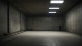 Fototapeta Przestrzenne - Dark underground warehouse background, empty concrete garage with low light. Abstract grungy room with gray walls. Concept of futuristic design, industry, factory, game