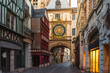 Medieval cozy street in Rouen with famos Great clocks or Gros Horloge of Rouen, Normandy, France with nobody. Architecture and landmarks of Normandie